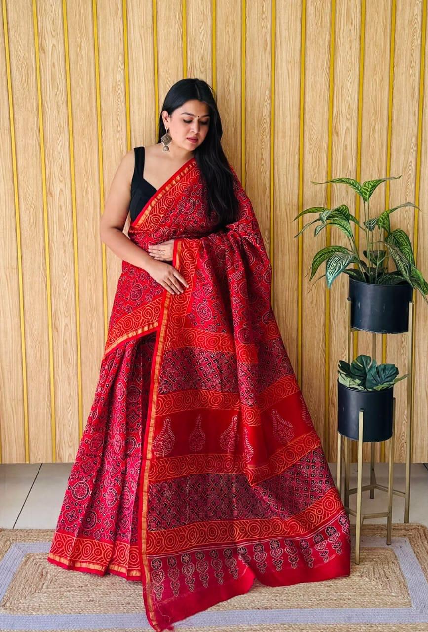 Handblock Printed Bagru Pure Chanderi Saree