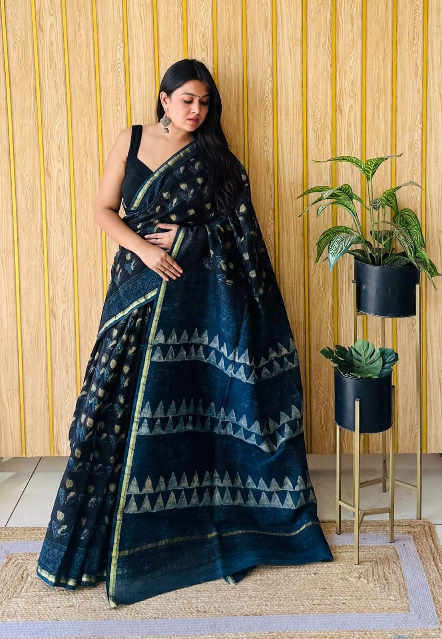 Handblock Printed Bagru Pure Chanderi Saree