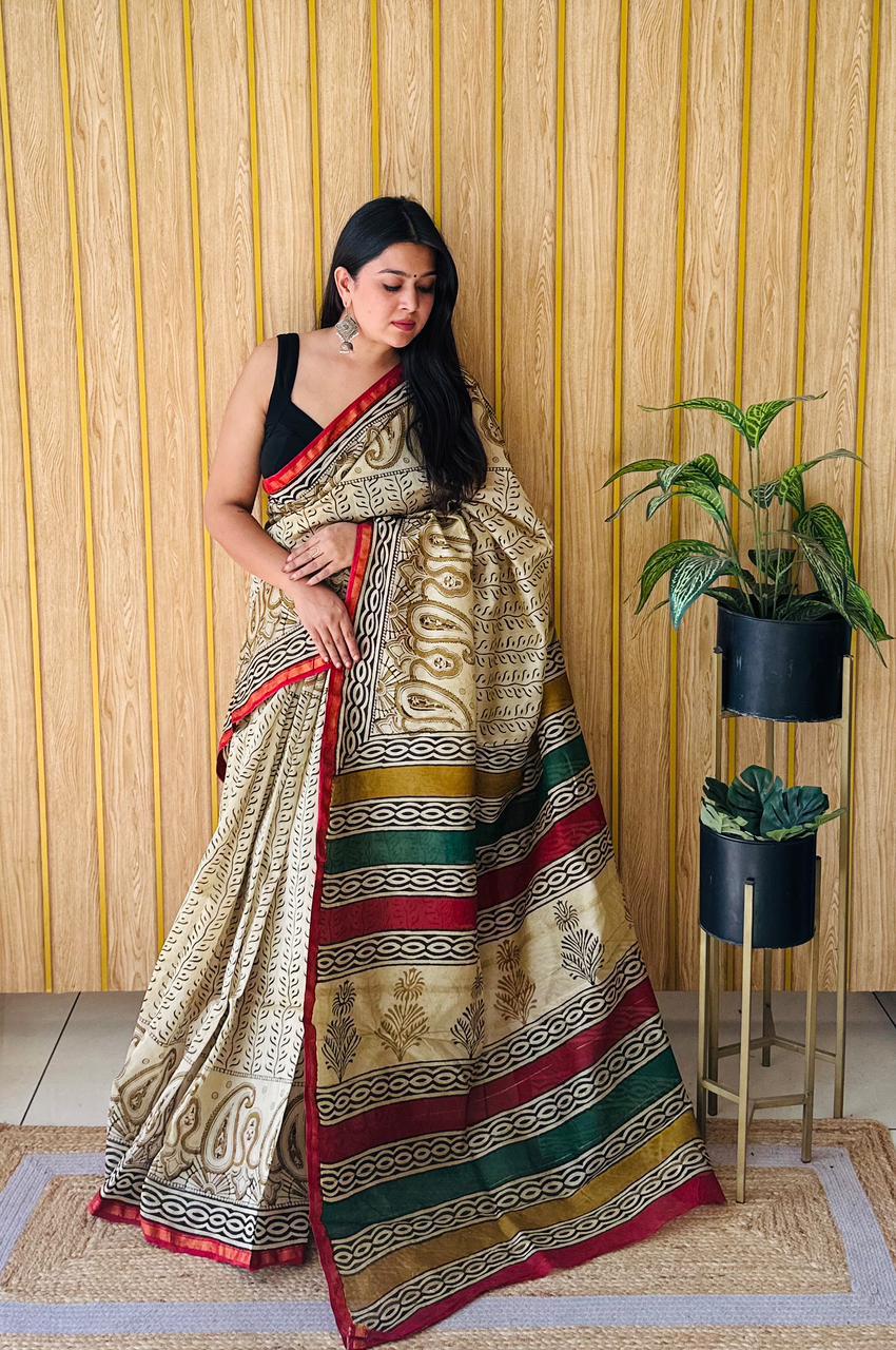 Handblock Printed Bagru Pure Chanderi Saree