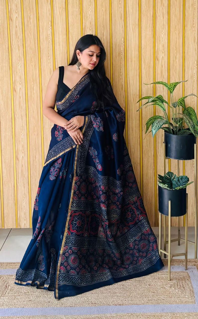 Handblock Printed Bagru Pure Chanderi Saree