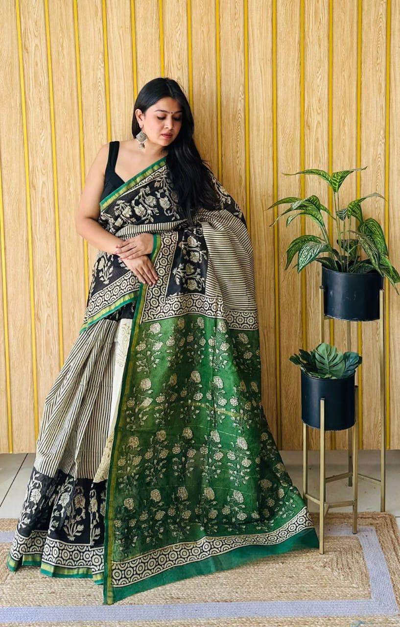 Handblock Printed Bagru Pure Chanderi Saree