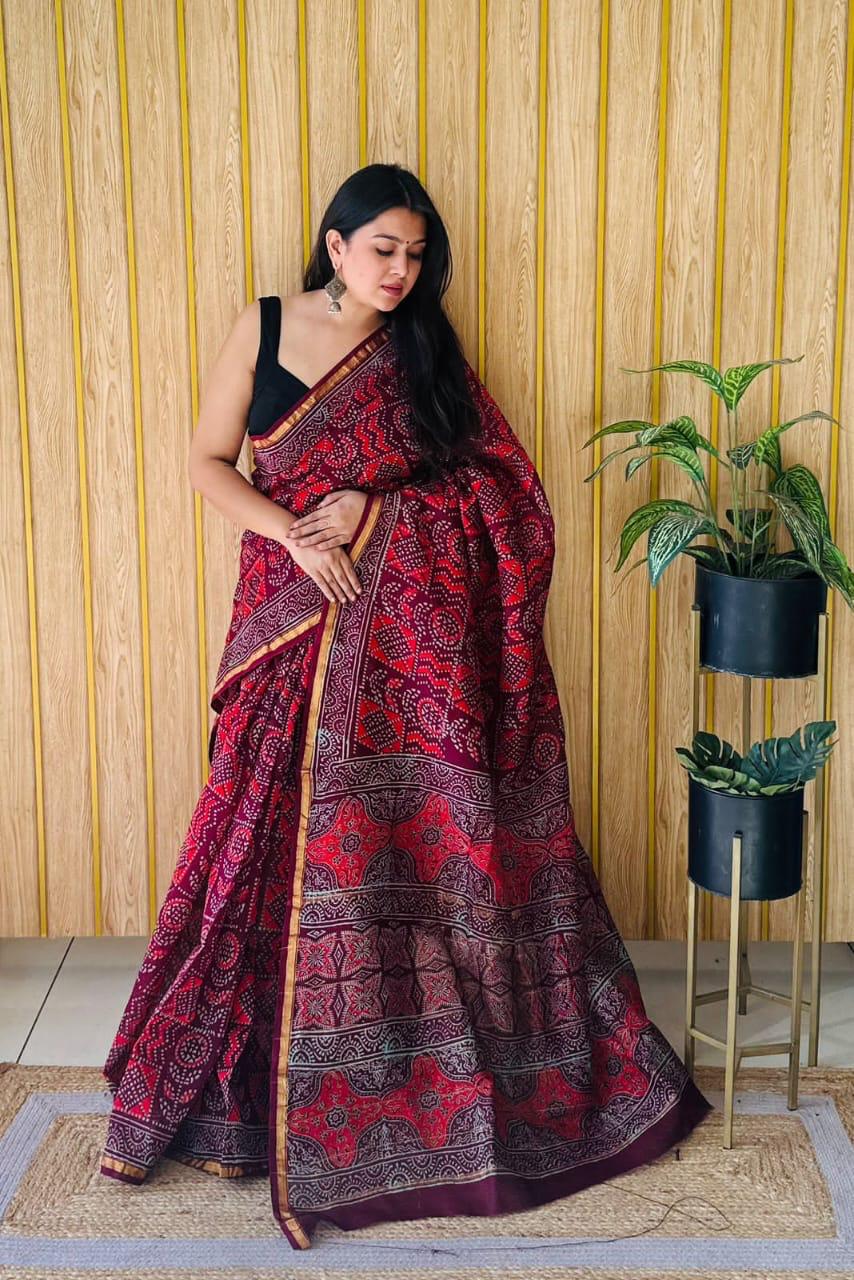 Handblock Printed Bagru Pure Chanderi Saree