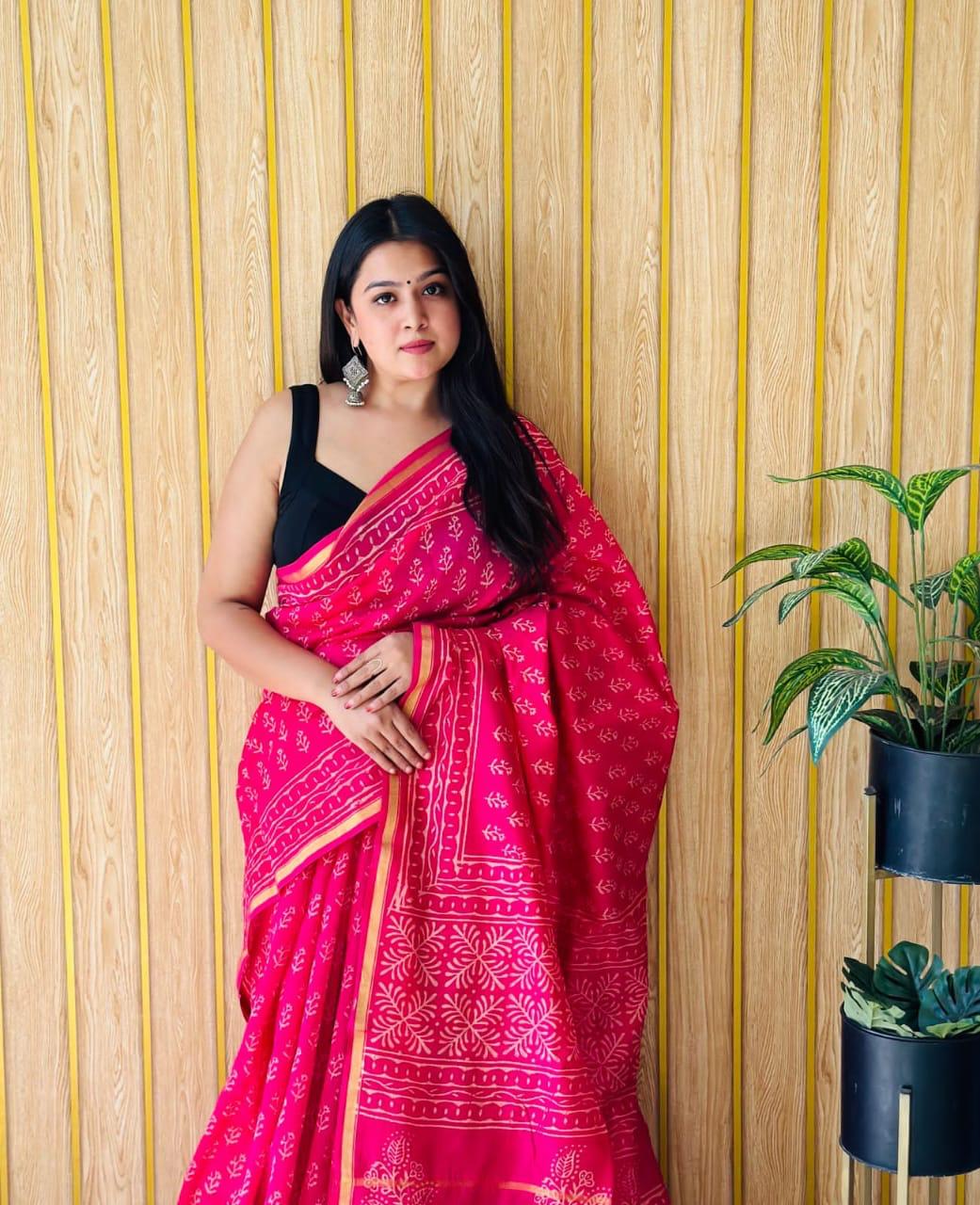 Handblock Printed Bagru Pure Chanderi Saree