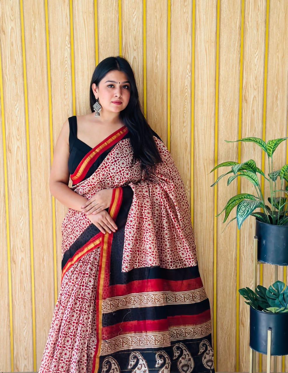 Handblock Printed Bagru Pure Chanderi Saree