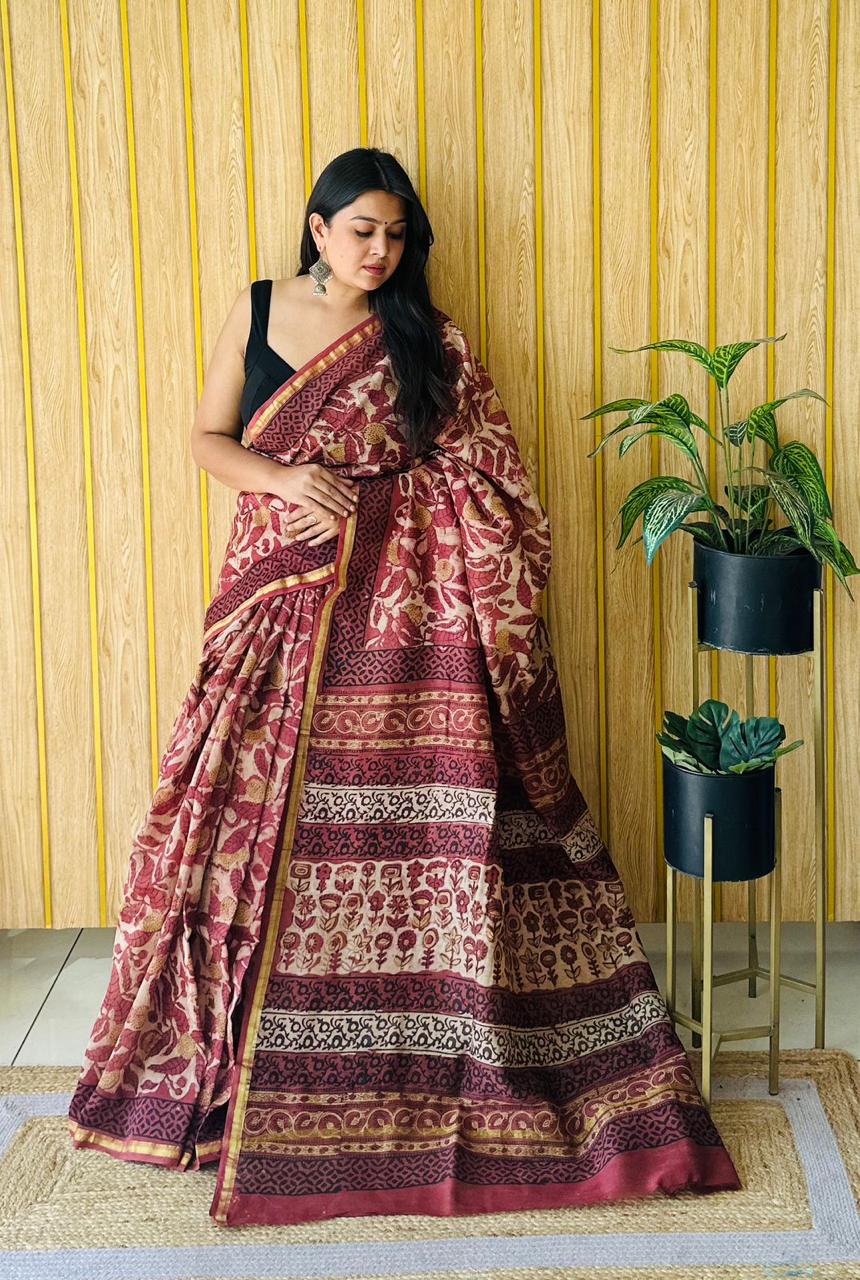 Handblock Printed Bagru Pure Chanderi Saree