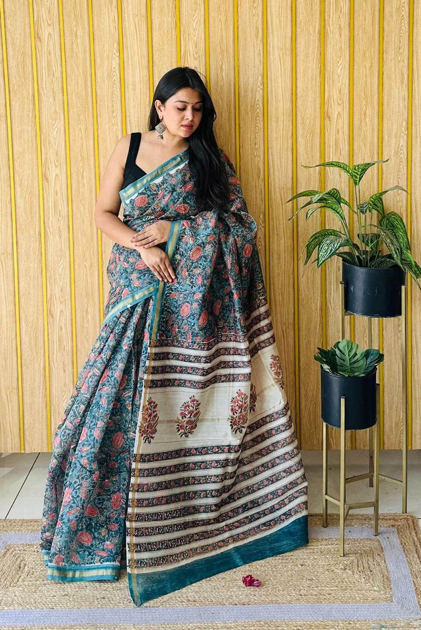 Handblock Printed Bagru Pure Chanderi Saree