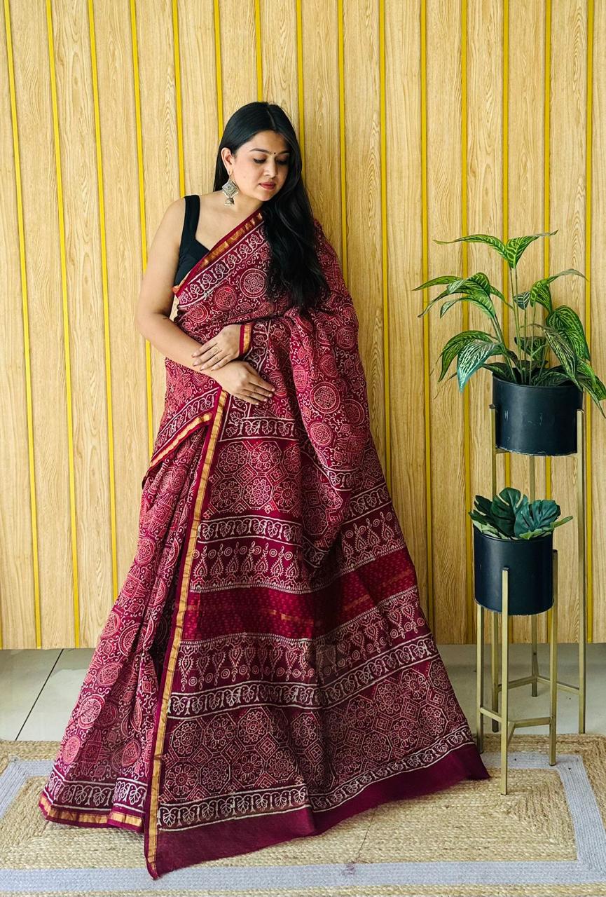 Handblock Printed Bagru Pure Chanderi Saree