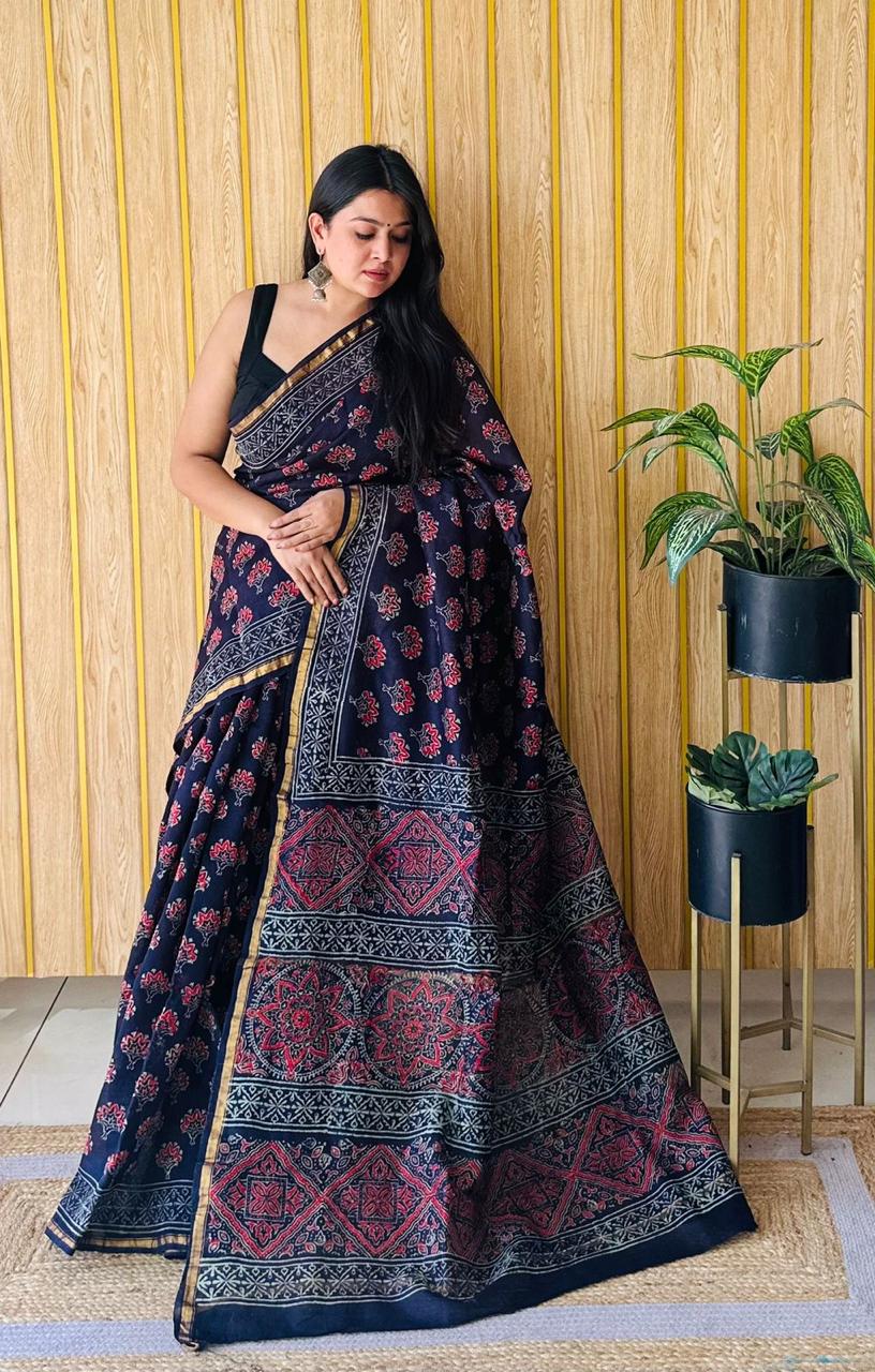 Handblock Printed Bagru Pure Chanderi Saree