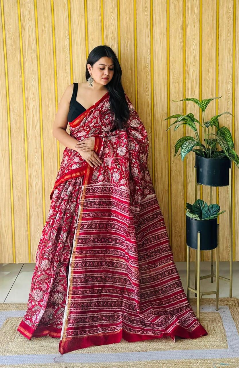 Handblock Printed Bagru Pure Chanderi Saree