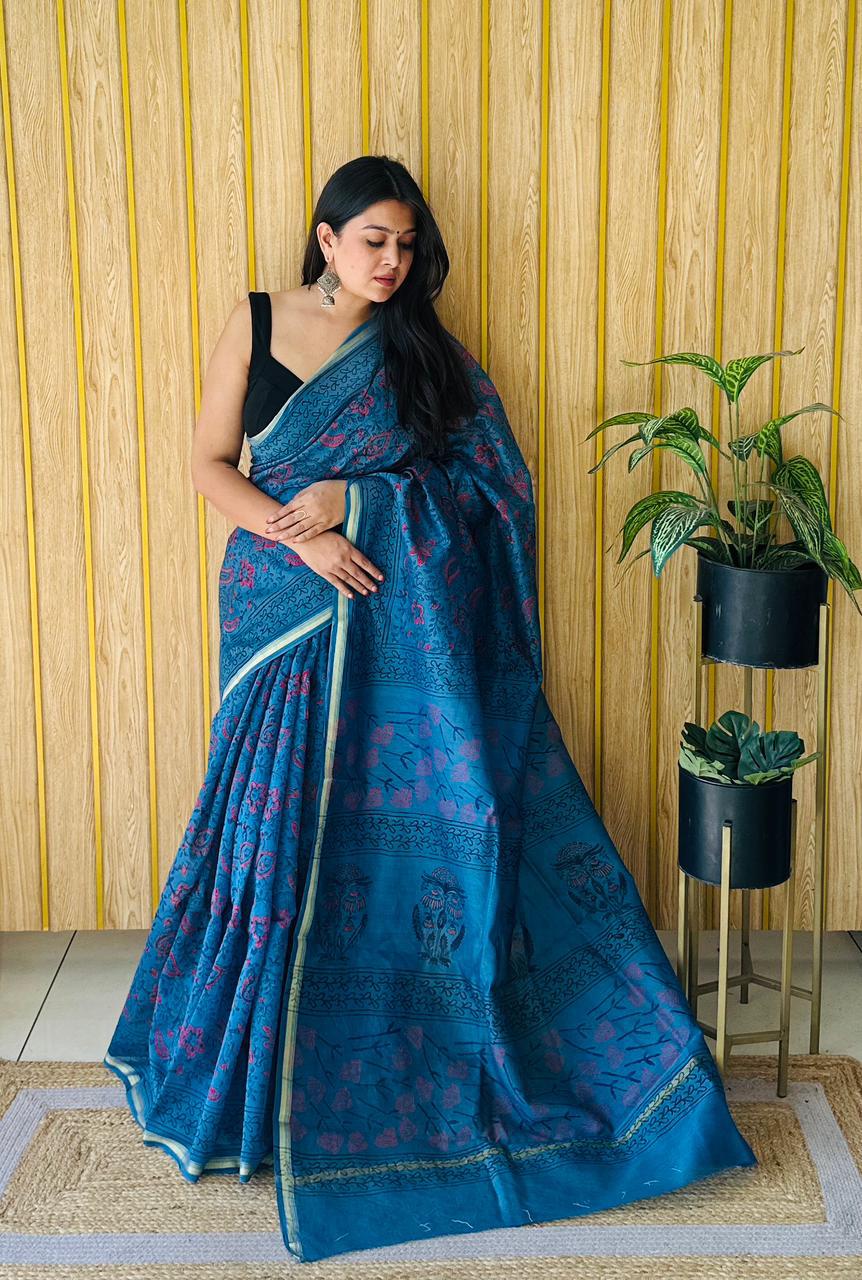 Handblock Printed Bagru Pure Chanderi Saree