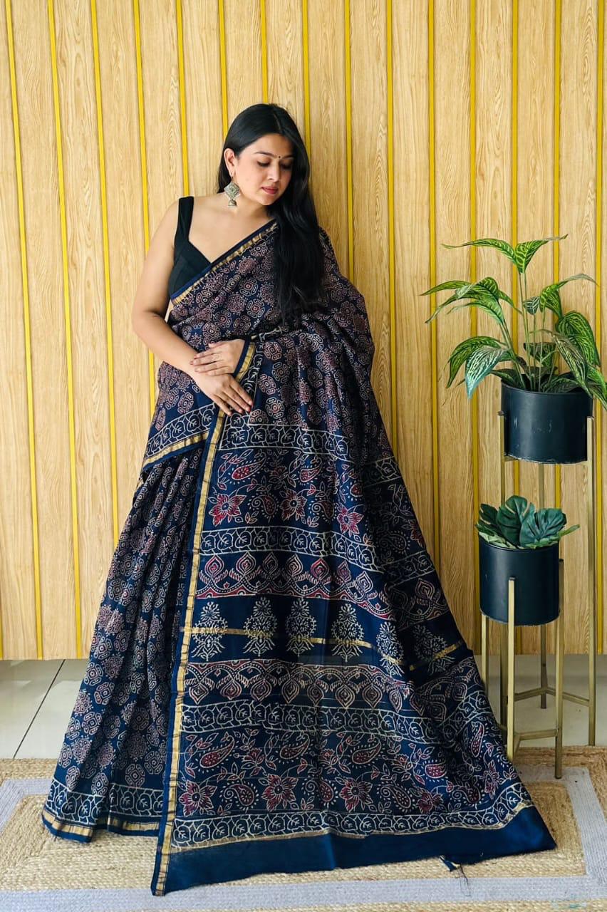 Handblock Printed Bagru Pure Chanderi Saree