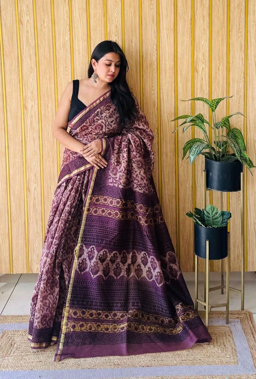 Handblock Printed Bagru Pure Chanderi Saree