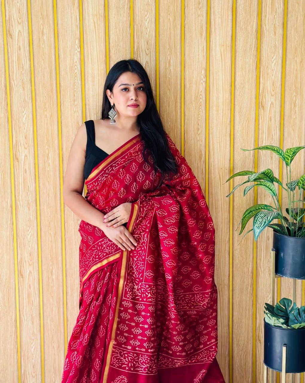 Handblock Printed Bagru Pure Chanderi Saree