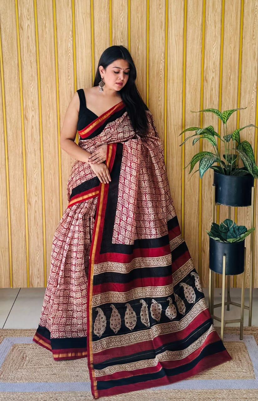 Handblock Printed Bagru Pure Chanderi Saree