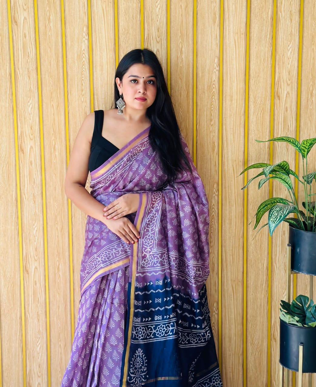 Handblock Printed Bagru Pure Chanderi Saree