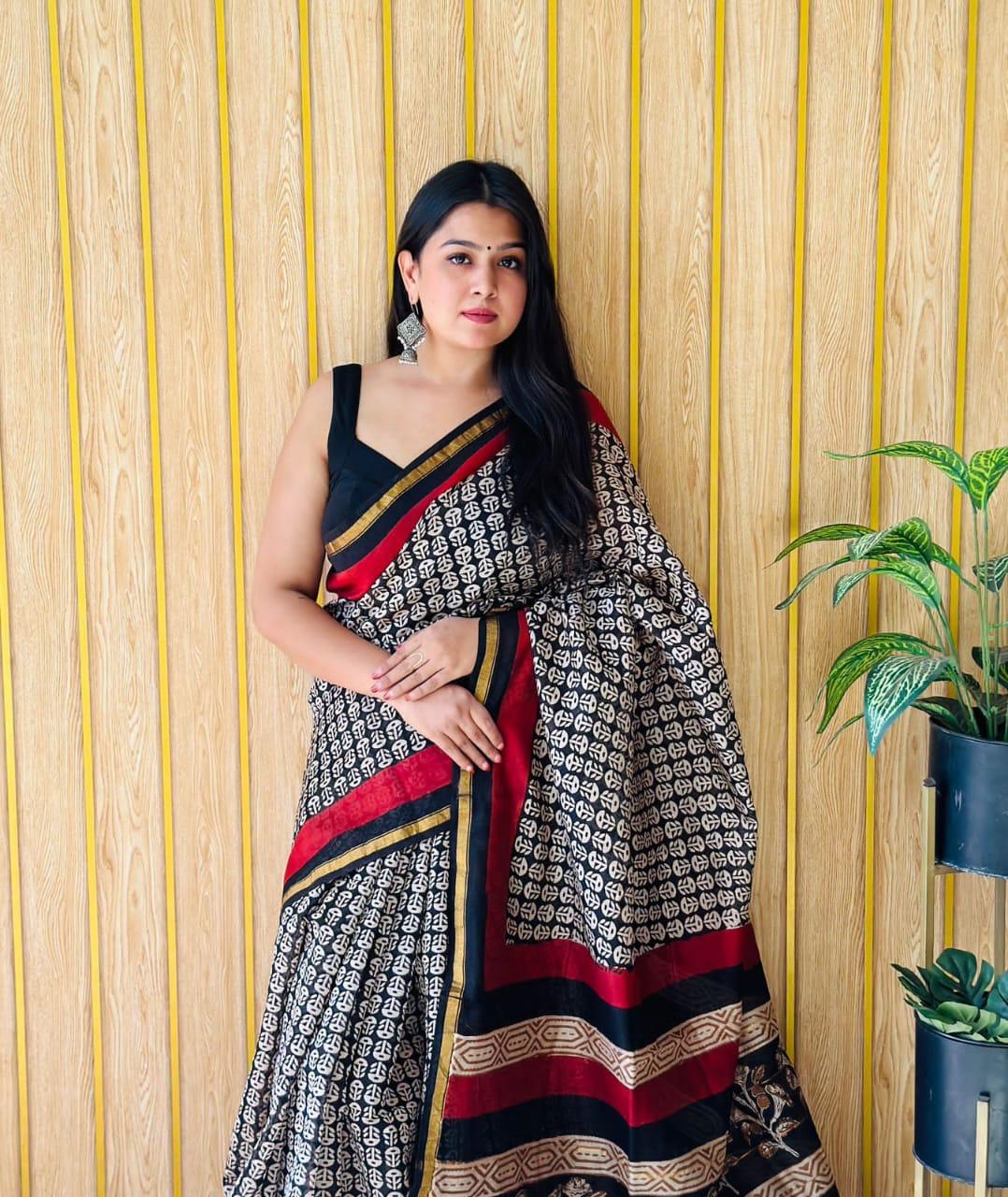 Handblock Printed Bagru Pure Chanderi Saree