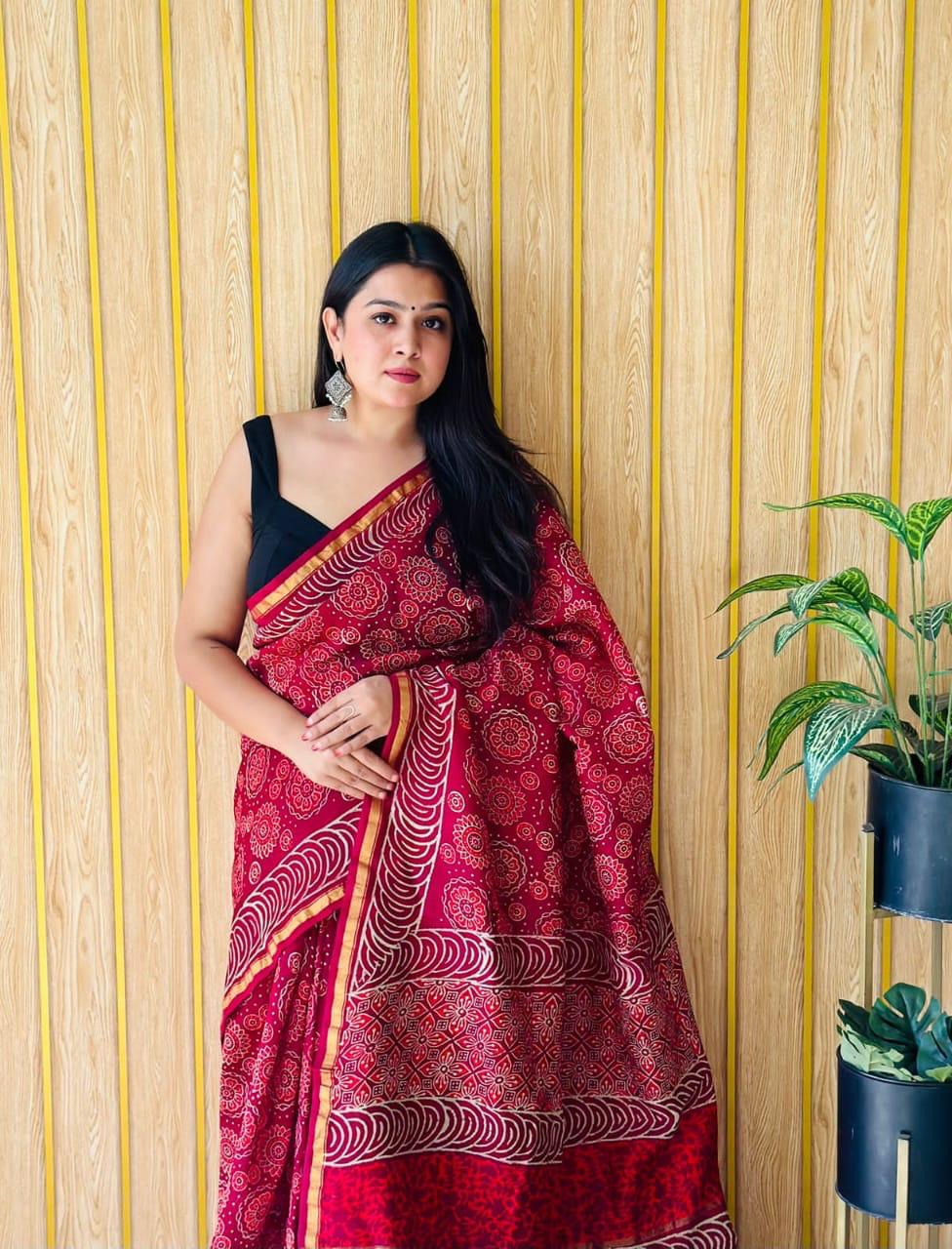 Handblock Printed Bagru Pure Chanderi Saree