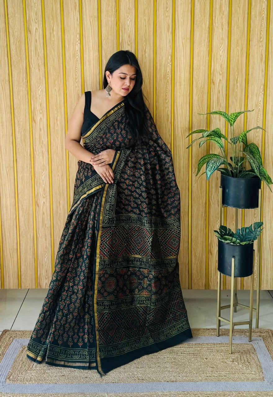 Handblock Printed Bagru Pure Chanderi Saree