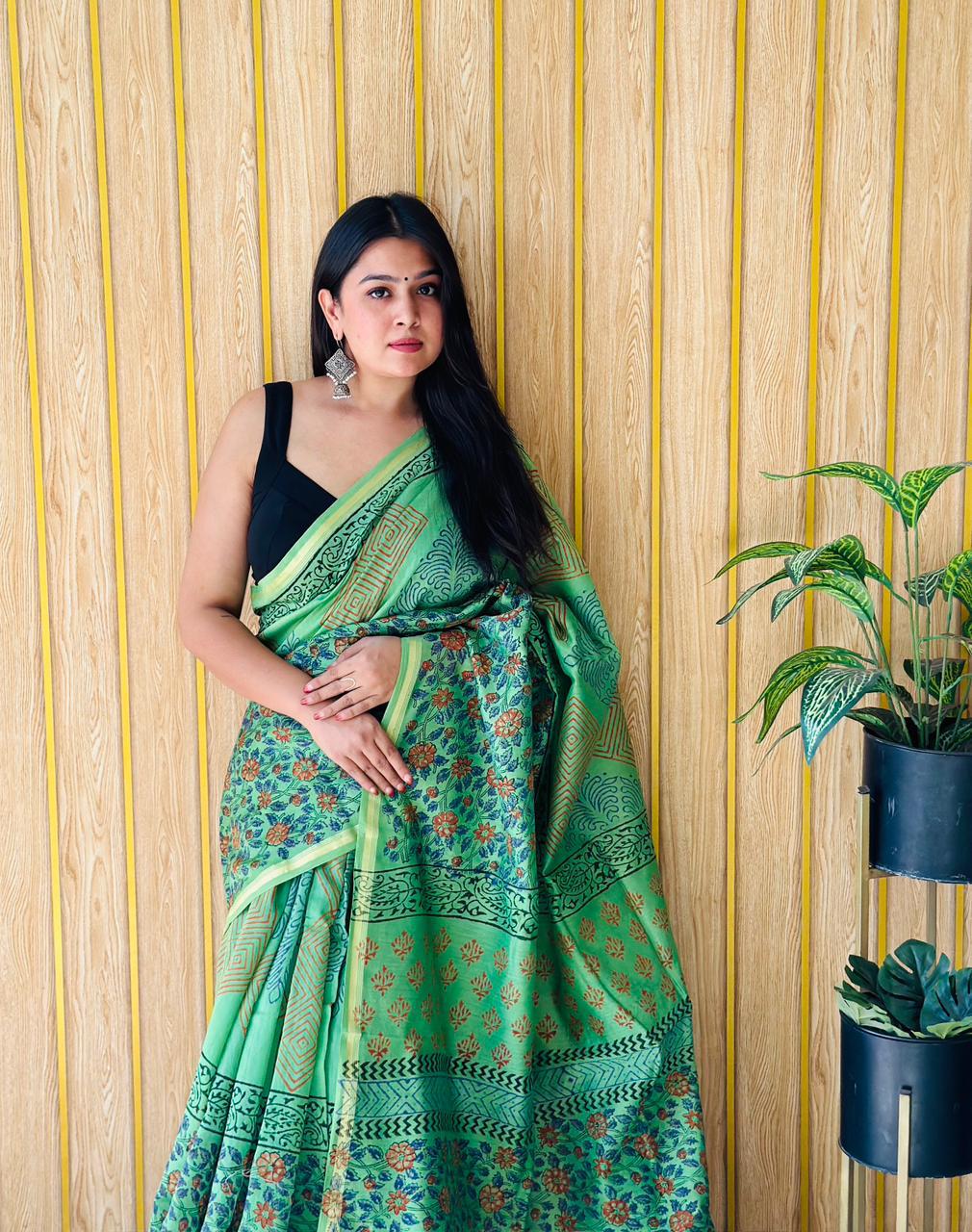 Handblock Printed Bagru Pure Chanderi Saree