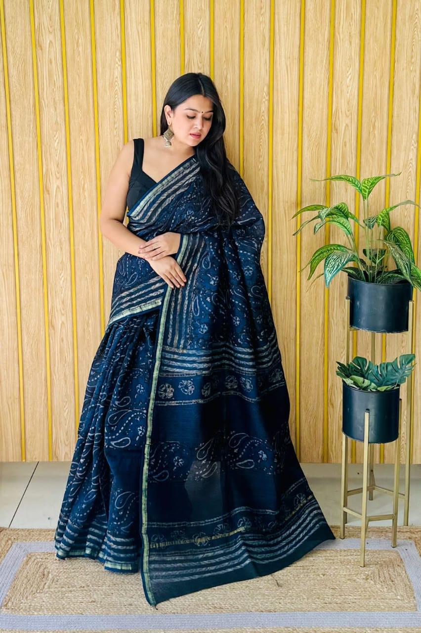 Handblock Printed Bagru Pure Chanderi Saree