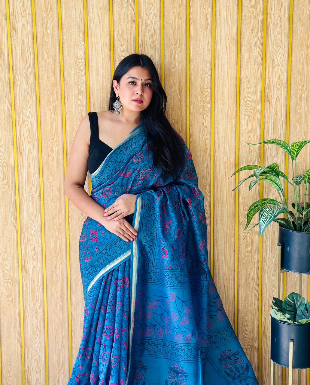 Handblock Printed Bagru Pure Chanderi Saree