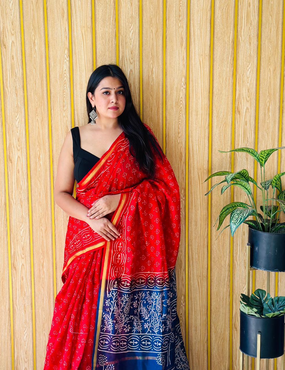 Handblock Printed Bagru Pure Chanderi Saree