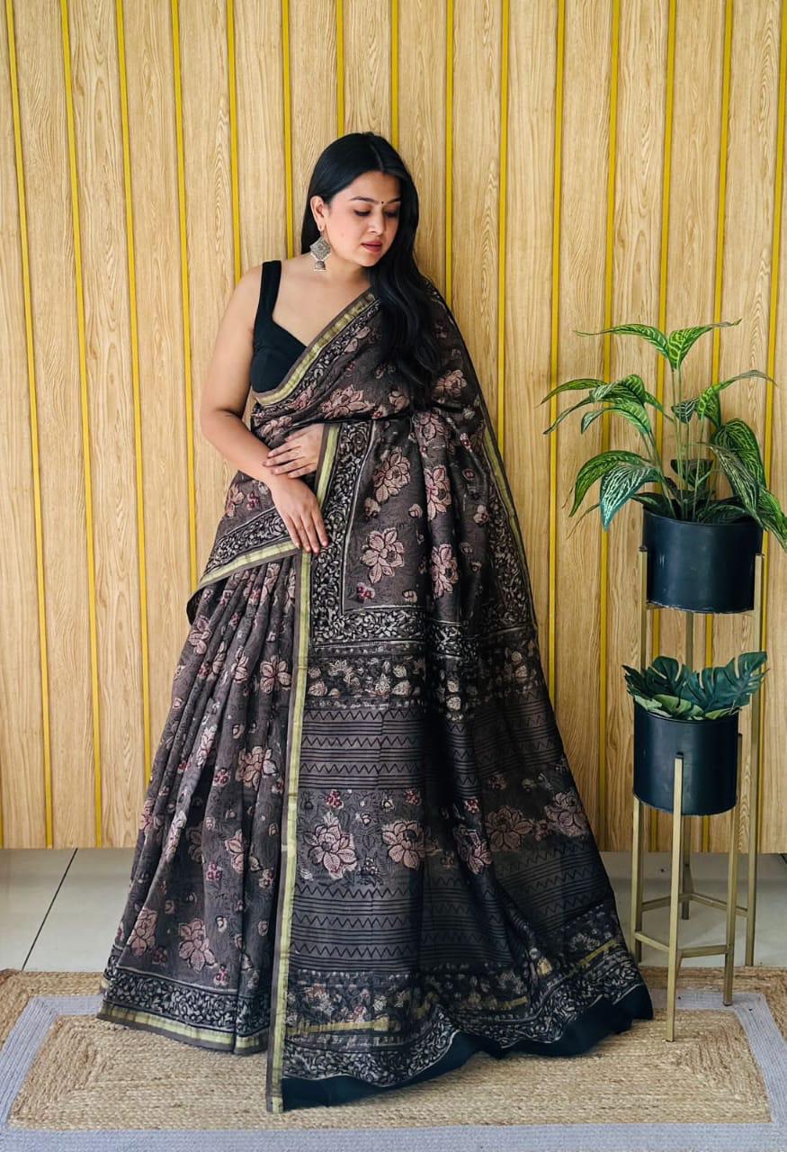 Handblock Printed Bagru Pure Chanderi Saree