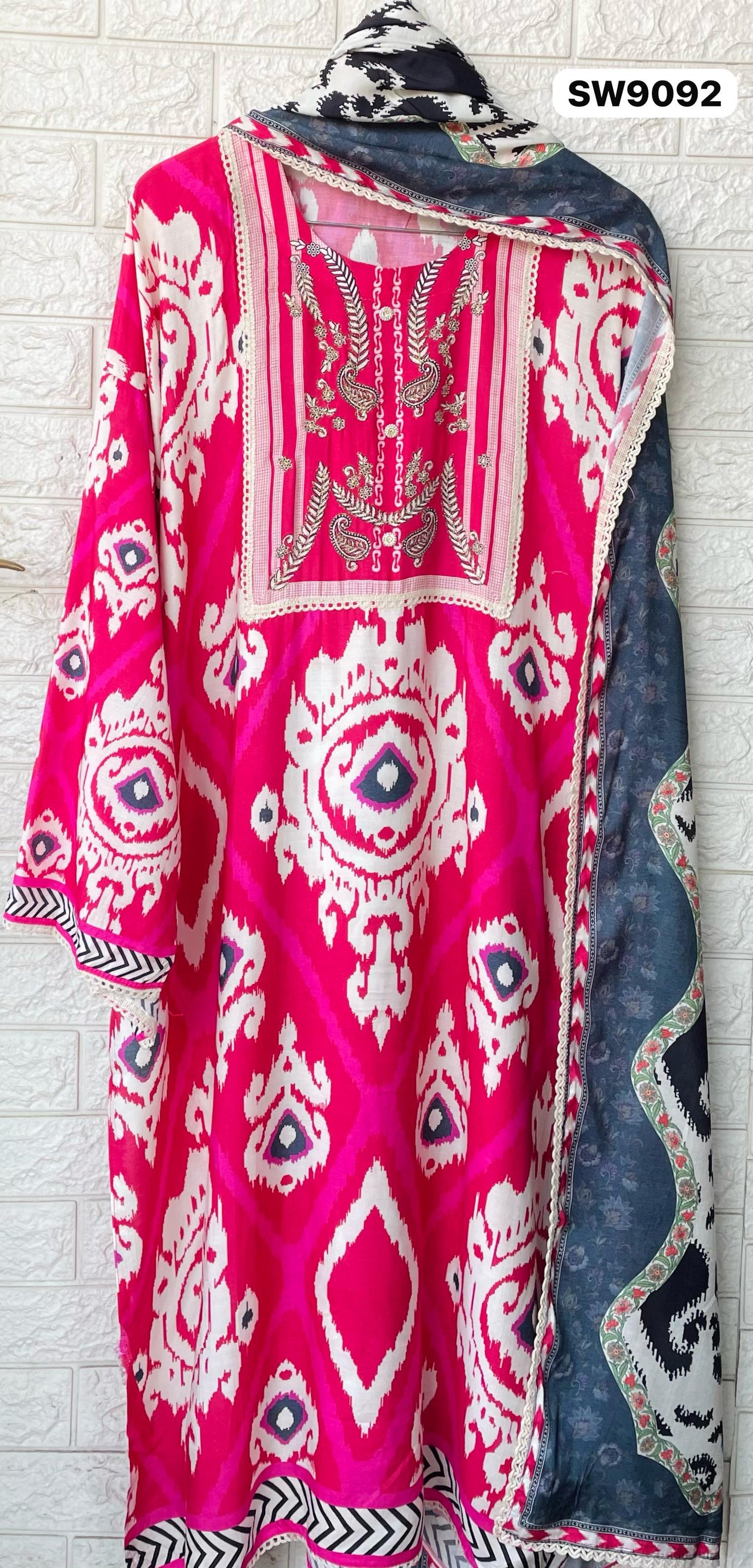 Pure Muslin Digital Ikkat Print Semi-Stitched Suit Set