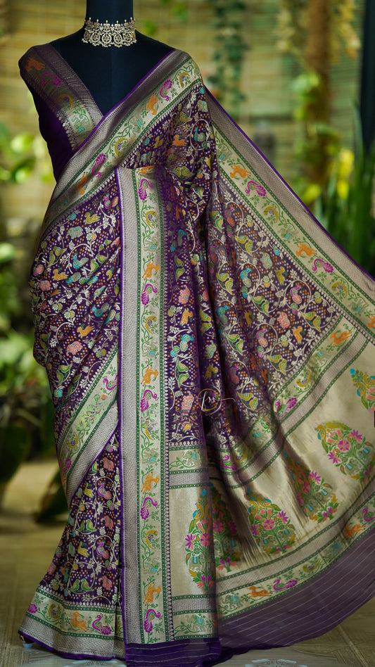 Bandhej Meenakari Shikargah Banarasi Silk Georgette Saree