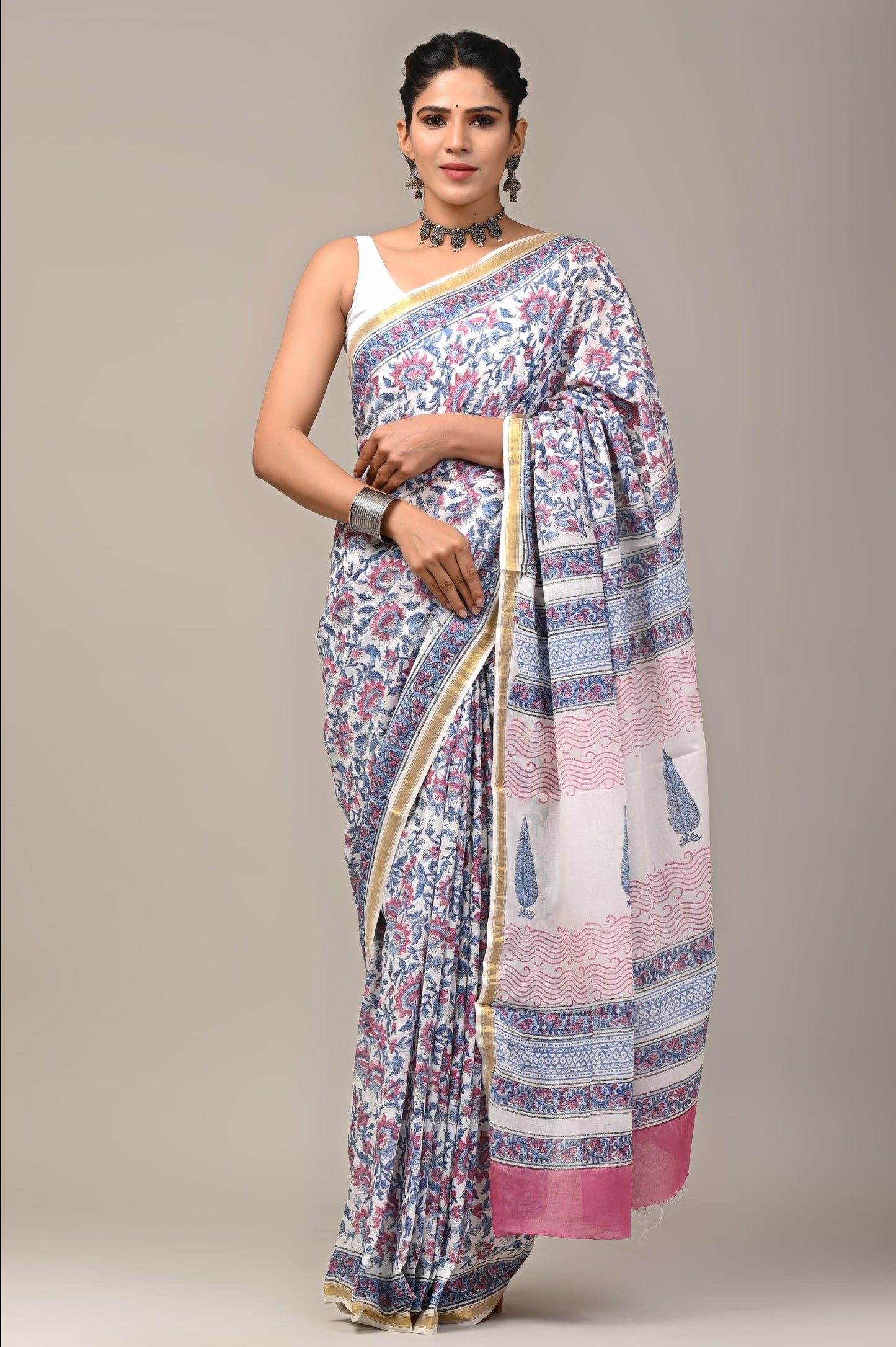 Floral Handmade Cotton Zari Sarees