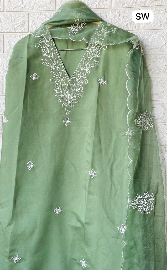 Modal Silk Embroidered Unstitched Set with Organza Dupatta