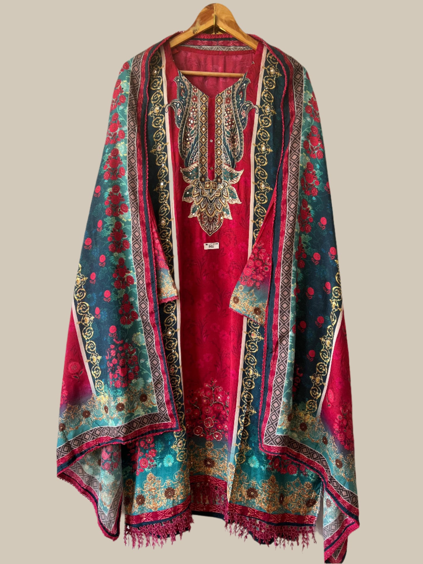 Pure Muslin Semi-Stitched Shirt with Pakistani Print, Mirror & Aree Zari Work