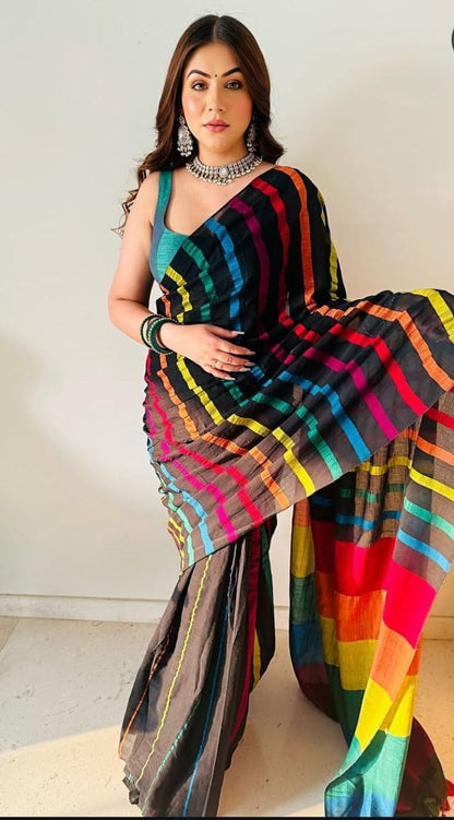 Beautiful Multi-Colour Stripe Handloom Saree