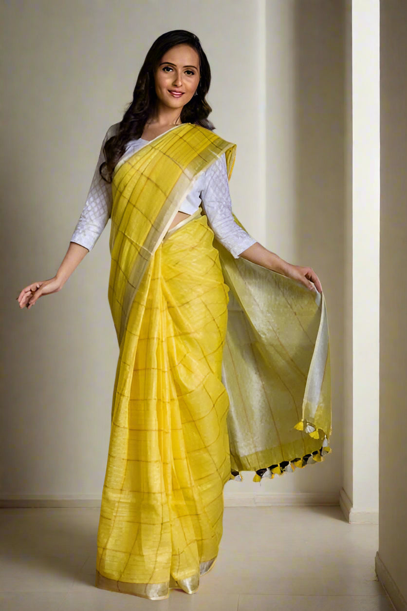 Pure Linen Weaving Mini Checks Saree with Running Blouse