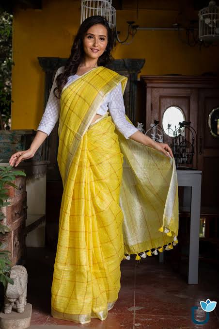 Pure Linen Weaving Mini Checks Saree