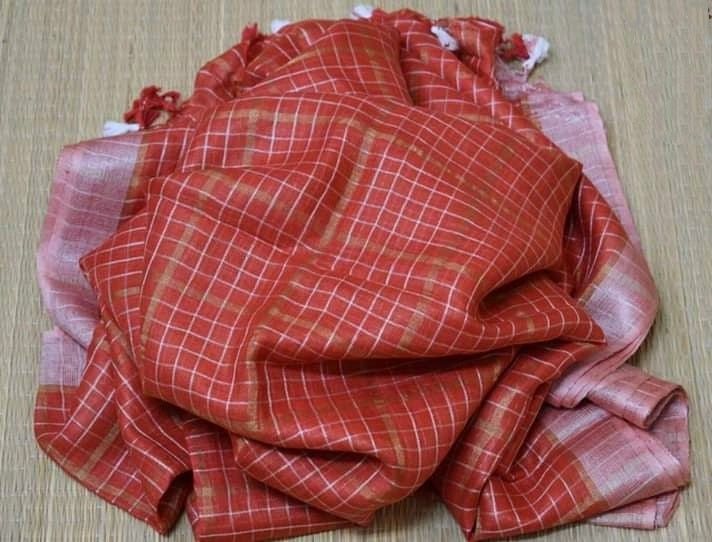 Pure Linen Weaving Mini Checks Saree with Running Blouse