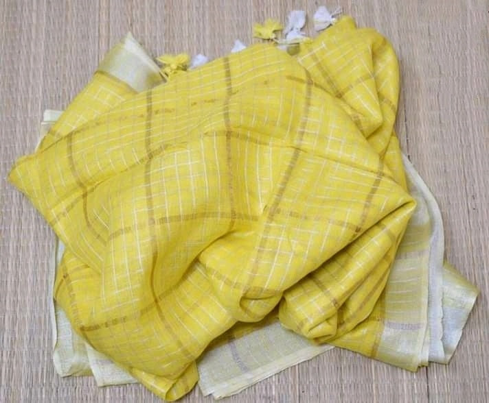 Pure Linen Weaving Mini Checks Saree with Running Blouse