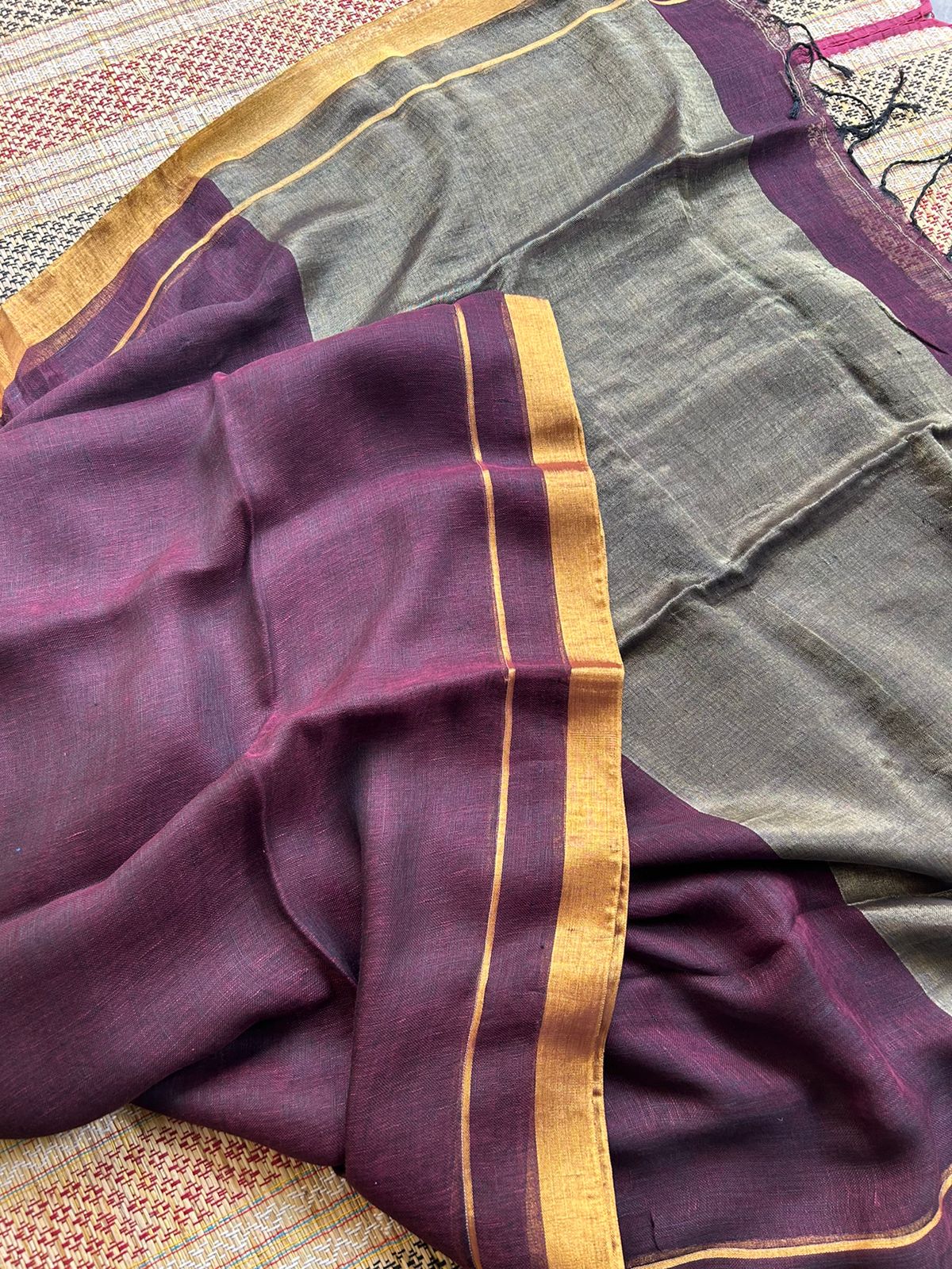 Pure Linen by Linen Handwoven Plain Saree