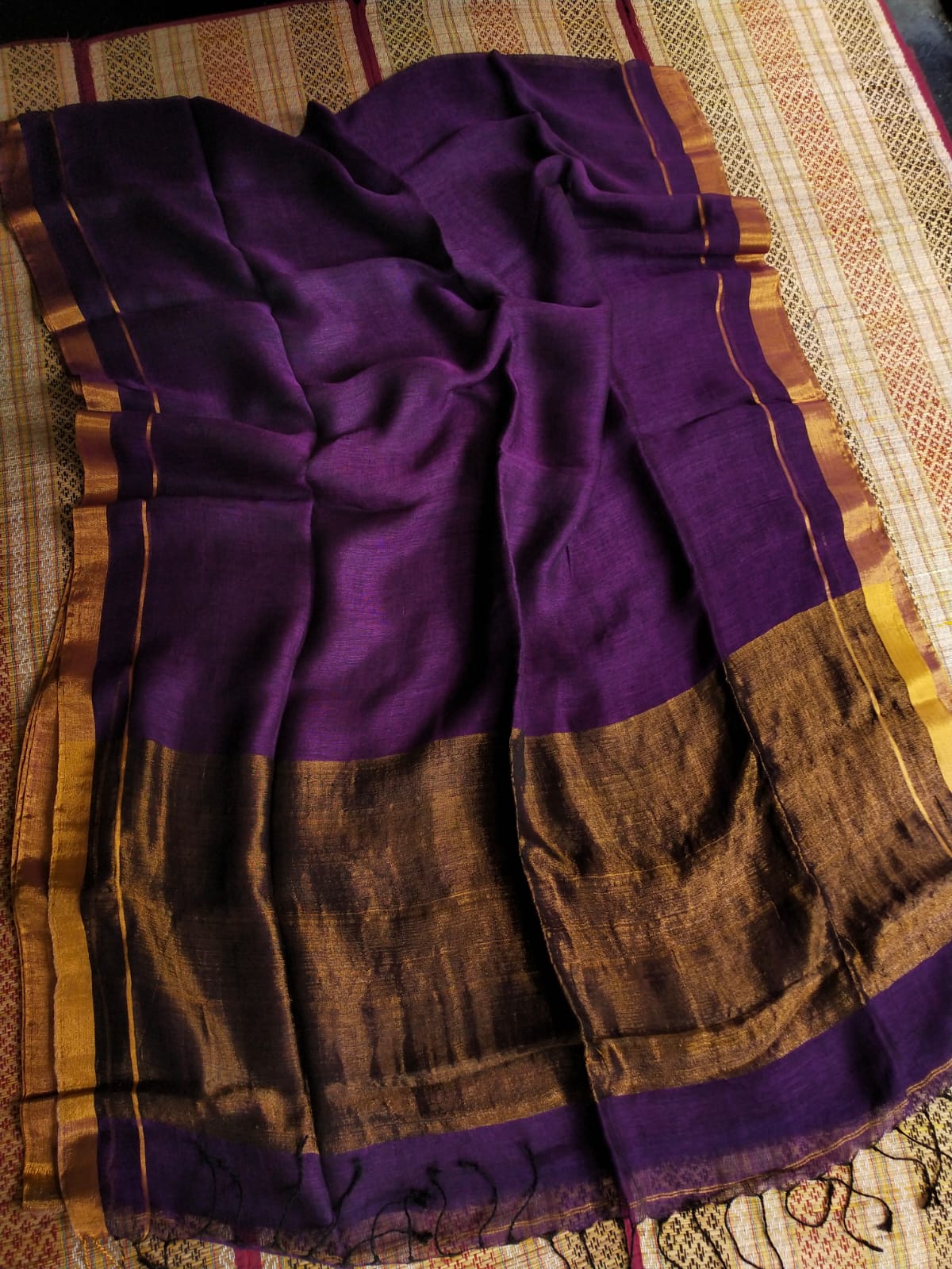 Pure Linen by Linen Handwoven Plain Saree