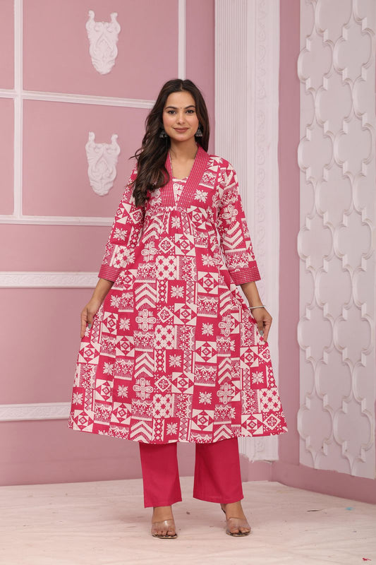 Elegant A-line Cotton Kurta Set with Sequence Embroidery