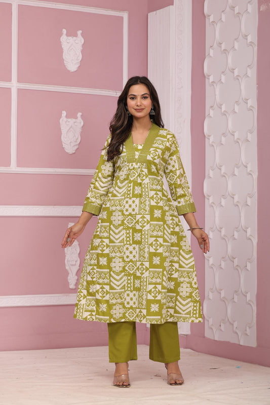 Elegant A-line Cotton Kurta Set with Sequence Embroidery