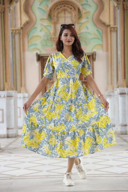 Yellow Exclusive Bagru Hand Block Printed One-Piece Dress