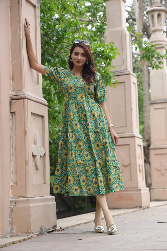 Floral Green Exclusive Bagru Hand Block Printed One-Piece Dress