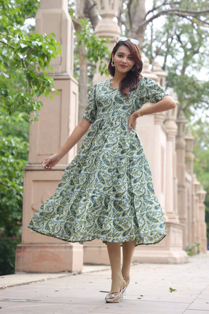 Green Exclusive Bagru Hand Block Printed One-Piece Dress