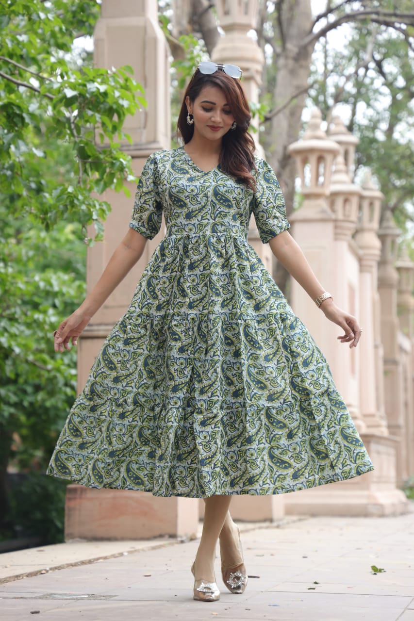 Green Exclusive Bagru Hand Block Printed One-Piece Dress