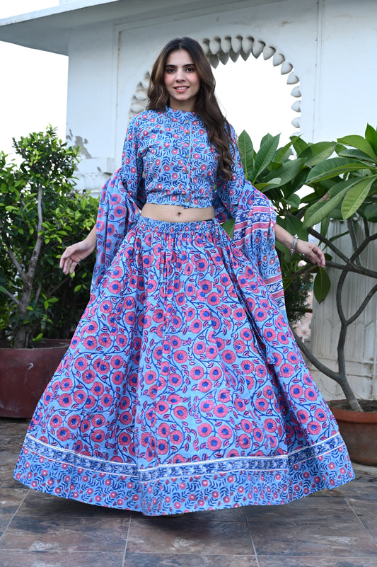 Pink/Blue Gopi: Special Bagru Hand Block Printed Chaniya Choli Set