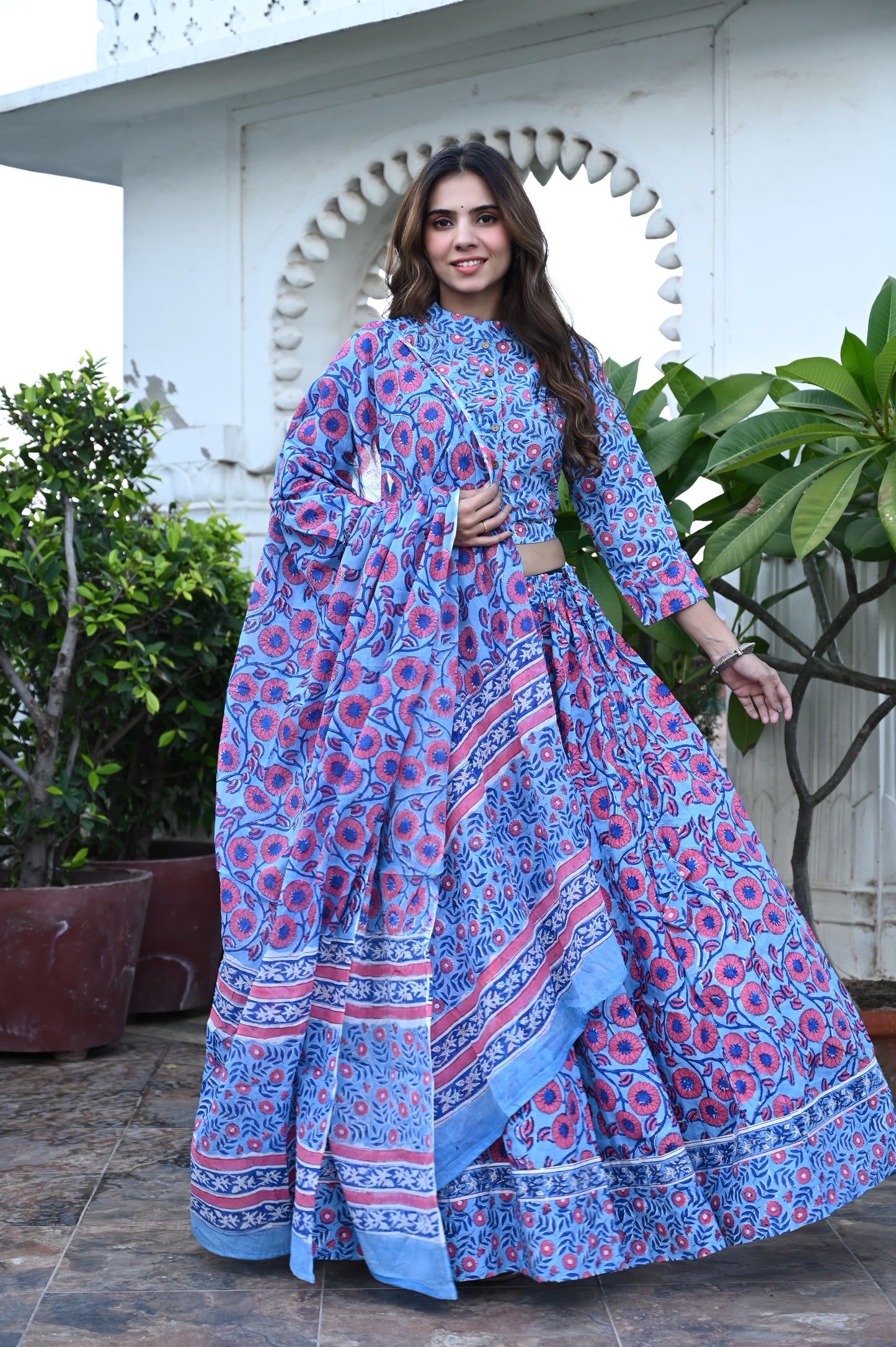 Pink/Blue Gopi: Special Bagru Hand Block Printed Chaniya Choli Set