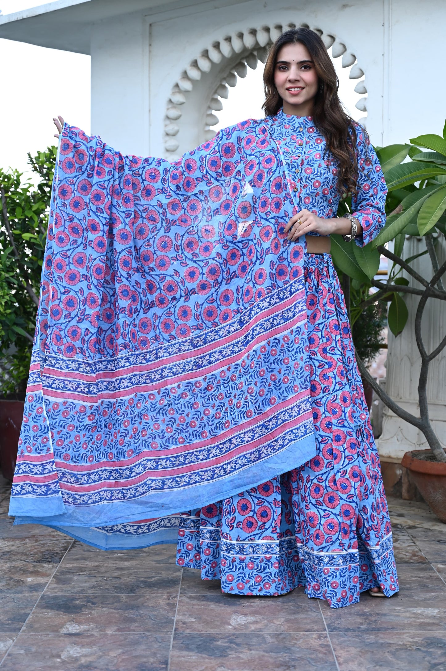 Pink/Blue Gopi: Special Bagru Hand Block Printed Chaniya Choli Set