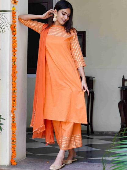 Orange Rayon Gotta Work Kurti with Palazzo & Chiffon Dupatta