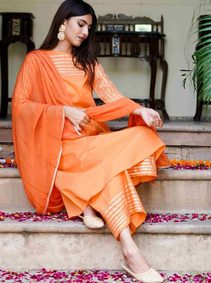 Orange Rayon Gotta Work Kurti with Palazzo & Chiffon Dupatta